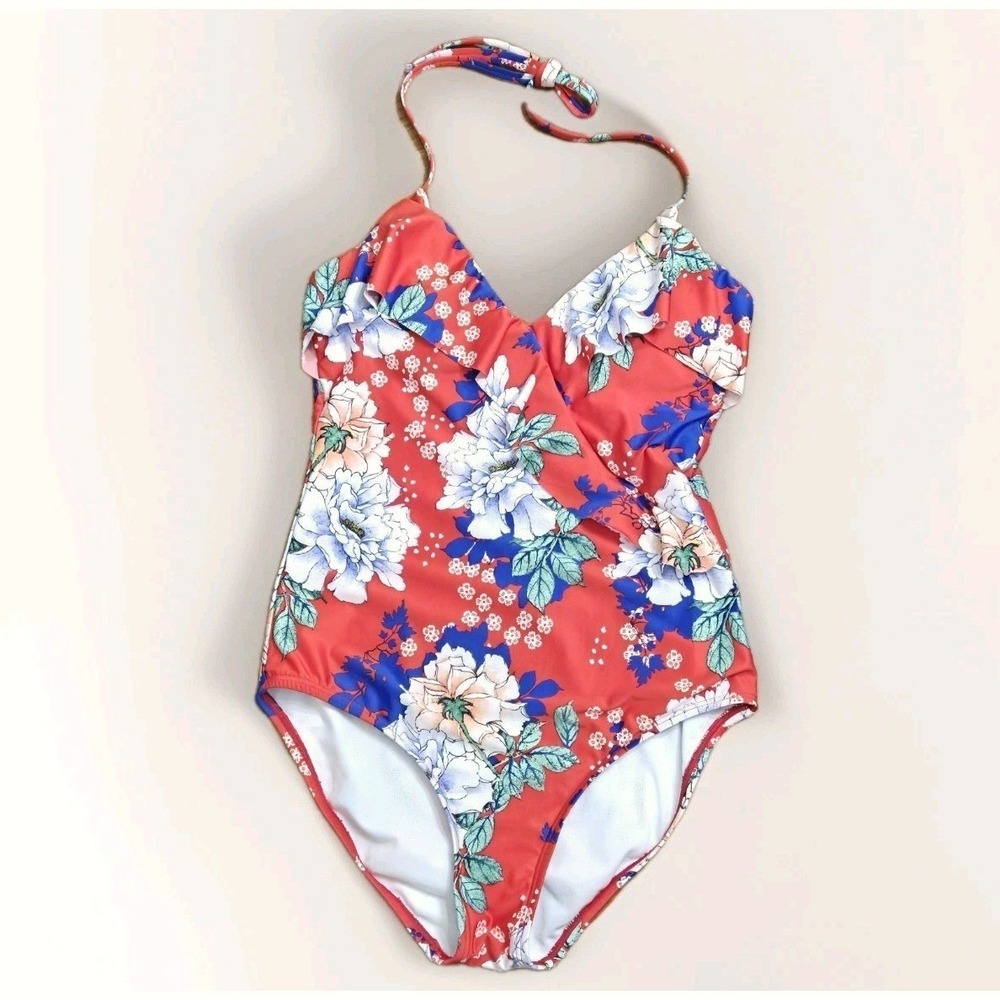 Clean Water Red Floral One Piece Swimsuit S‎ Ruffle Halter Resort Tropical Beach